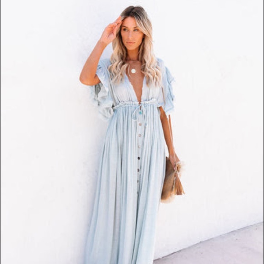 ANIKA POCKETED BUTTON DOWN RUFFLE MAXI DRESS - WATERLILY